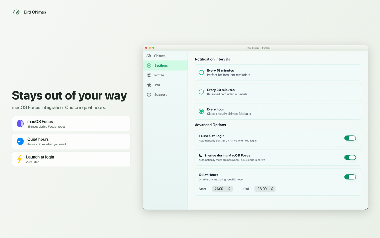 Bird Chimes Settings screen with intervals, Focus silence and Quiet Hours